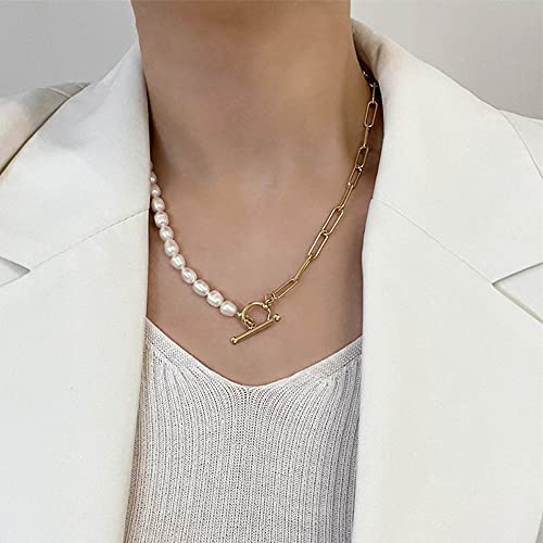 Cowlyn Paper Clip Pearl Necklace Vintage Chunky Link Chain Baroque Cultured Pearls 18K Gold Choker Fashion Retro Charm Valentine Jewelry For Women Girls(With Gift Box) #TOP1