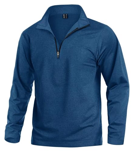 KEFITEVD Langarmshirt Herren mit Fleece Pullover Half Zip Freizeitshirt Weich Longsleeve Warm Wandern Radshirt Dünn Ski Rolli Blau L