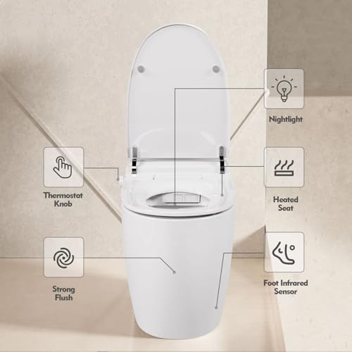 Inodoro inteligente con asiento calefaccionado, sensor de pie para descarga, diseño compacto sin tanque, una sola pieza, descarga automática, luz LED nocturna, control con perilla, descarga durante cortes de energía, tapa con cierre suave miniatura 2