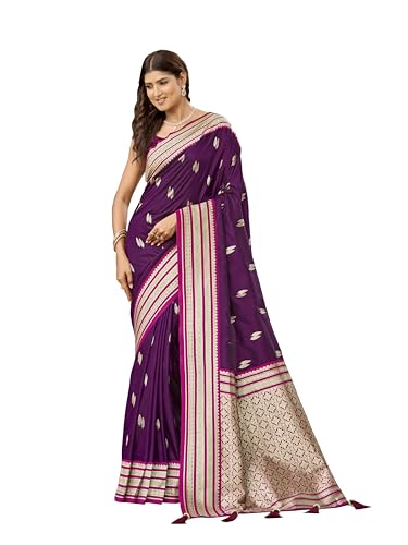 MANOHARI Women's Trendy Banarasi Satin Silk Woven Saree with Heavy Jacquard Work, Elegant Design, flower Pattern Silk Saree with Unstitched Blouse Piece for Weddings & Festive Occasions