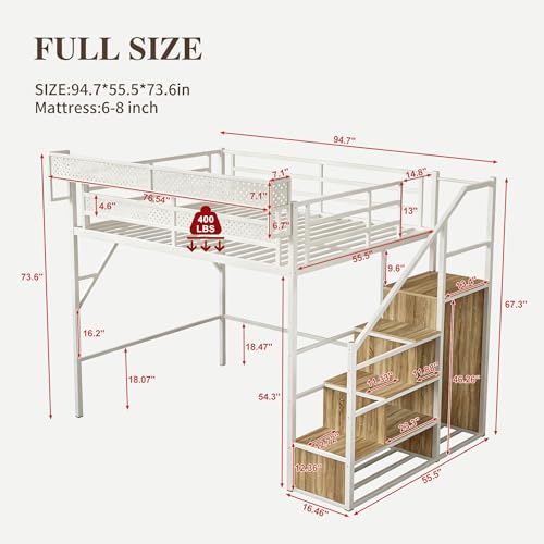 Image of Full Size Metal Loft Bed with Storage Stairs, Wardrobe & Charging Station