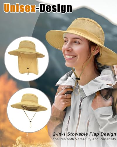 Image of Outdoor Sun Hats with Stowable Neck Flap for Men Women UPF 50+ Mesh Summer Bucket Hat Wide Brim for Fishing Safari Hiking