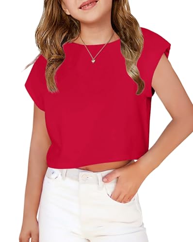 Image of Arshiner Girls Shirt Crop Tops Short Sleeve Summer Drop Shoulder Batwing Sleeve Crewneck Loose T Shirt Tee