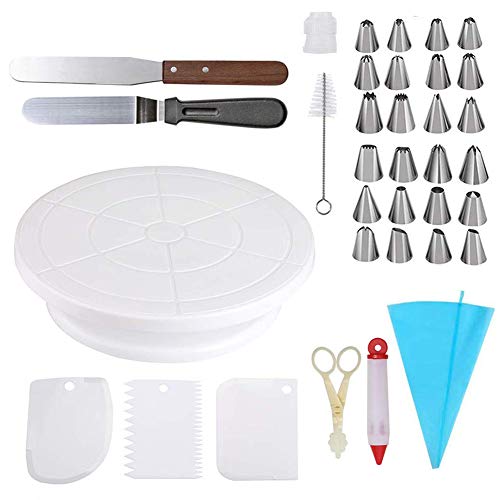 Cake Decorating Turntable,Cake Decorating Supplies with Decorating Comb/Icing Smoother(3pcs),2 Icing Spatula with Sided & Angled … (35pcs)
