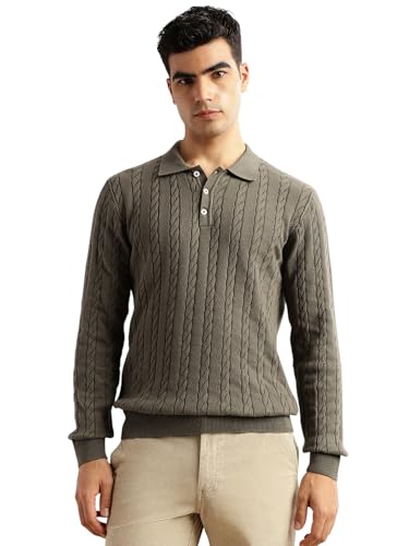Image of Thomas Scott Men's | Regular Fit | Long Sleeves | Self Design | 100% Cotton | Button Closure | Dry Clean | Polo Collar | Knitted | T-Shirt