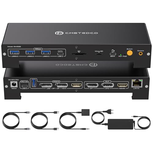 CMSTEDCD USB C KVM Docking Station für Laptop & Desktop 100W PD 4K60Hz HDMI Displayport KVM Switch 2 PC 3 Monitore 16-in-1, 1000Mbps Ethernet, 3xUSB 3.0, USB-C, 65W PD, SD Card Slot