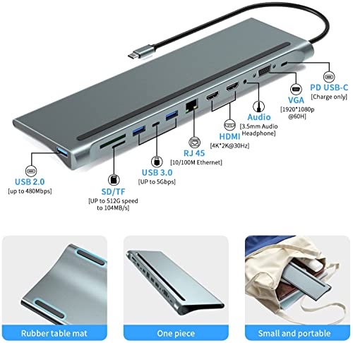 VEDO Estação de ancoragem USB C, Hub USB C 12 em 1, Monitor Triplo Tipo C a 2 HDMI + Adaptador VGA,