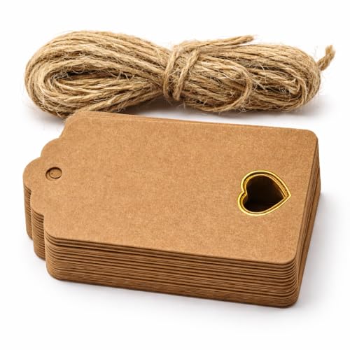 Brown Gift Tags for Presents with String Gold Foil Heart Kraft 30 Pack