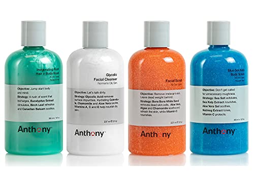 Anthony Glycolic Facial Cleanser 8 Fl Oz, and Anthony Facial Scrub, 8 Fl Oz, Anthony Blue Sea Kelp Body Scrub, 12 Fl Oz, and Anthony Invigorating Rush Hair and Body Wash, 12 Fl Oz.