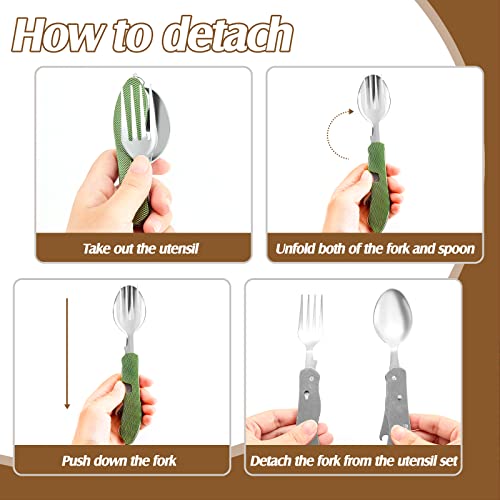 Folding Camping Utensils Cutlery Set 4-In-1 Stainless Steel Spoon Fork Knife Bottle Opener Set Detachable Tableware Pocket Kits Backpacking Cutlery Multitool, Red, Green, Black, Blue, Gold (5 Pcs) #TOP2