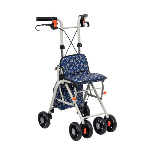 GRQ シルバーカー, 折りたたみ式歩行補助車, 座面付き, 高さ調整可能, 4輪キャスター, 大容量収納, ネイビー花柄, 高齢者用, 幅60×奥行67×高さ80cm