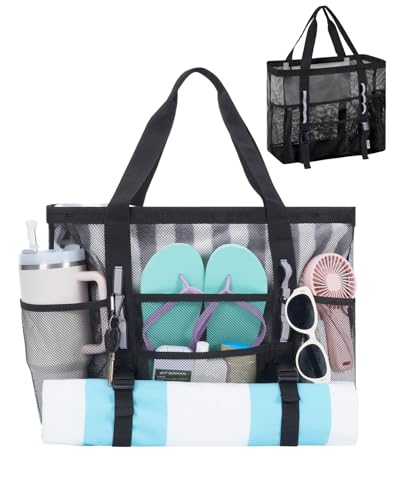 WANDF Mesh Beach Bag for Women Large Beach Tote Bags with 40oz Tumbler Side Pockets Family Pool Bag for Swim Toys Towels Cruise Vacation Essentials (Black)