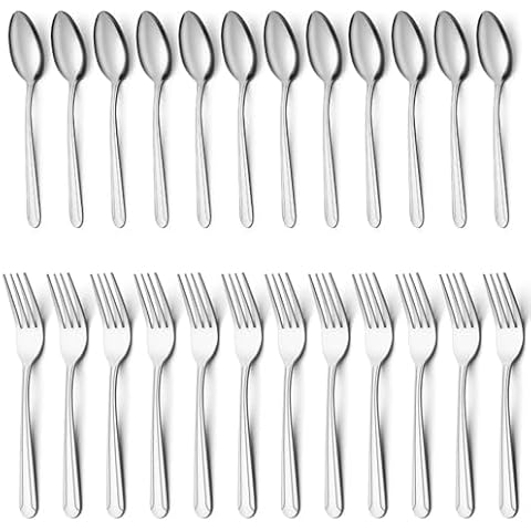 BEWOS 24 Pieces Forks and Steak Knives Set, 24 Pieces Dinner Forks (8.2 Inch) and 24 Pieces Teaspoons (6.2 Inch), Food Grade Stainless Steel, Mirror Polished, Dishwasher Safe Cover