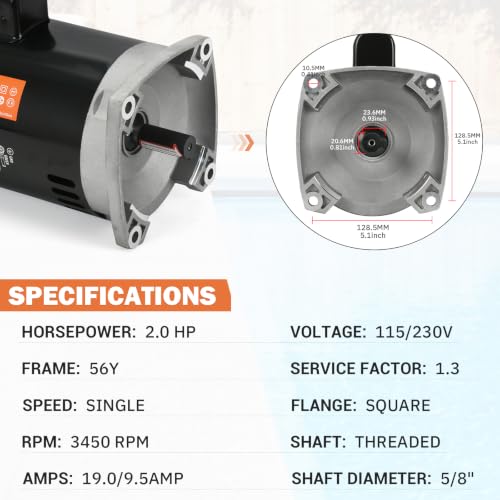 Image of B2855 2 HP Pool Pump Motor Compatible with A.O. Smith Century B855, for Pentair Sta-Rite WhisperFlo Challenger Pinnacle Anthony AR2 Pumps, Single Square Flange 56Y Frame 115 /230V 3450RPM