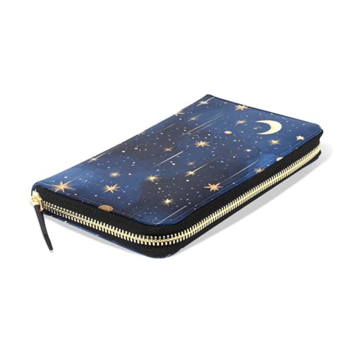 Womens Long Leather Wallet Zip Around Clutch Purse Large Capacity Card Holder Organizer Dark Blue Stars and Moons3