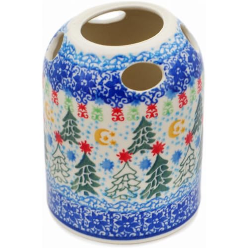 Authentic Polish Pottery Toothbrush Holder Signature UNIKAT in Glowing Christmas Trees Design Handmade in Boles?awiec Poland by Ceramika Artystyczna + Certificate of Authenticity