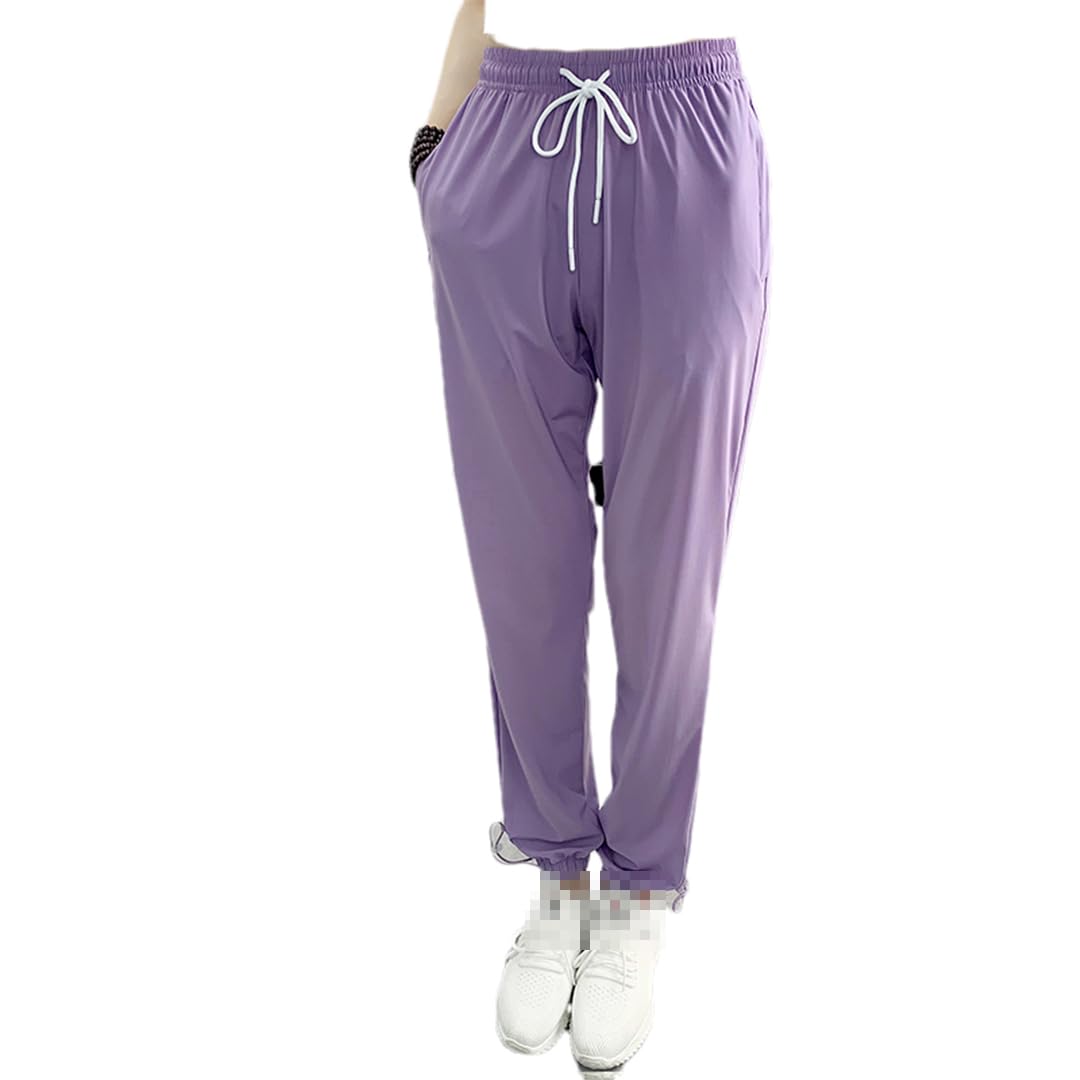 Pulcykp Ice Silk Quick Dried High Elastic Sports 9-Point Trousers Womens Thin Casual Harlan Pants