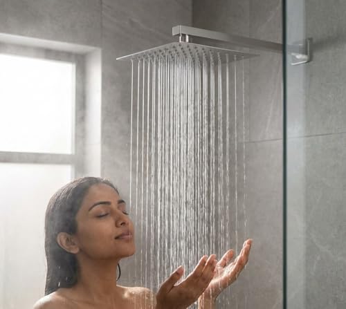 Image of ALTURAS Stainless Steel Square Overhead Shower Rain Shower Head for Bathroom With Arm (8in shower wiht 15in arm)
