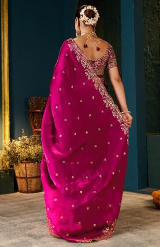 Image of DHARMEE Women's Silk Saree with Embroidered Blouse Piece, Traditional Parte Wear with Gold Border and Hand Work Lace Embellished, Solid /Plain, Applique, Woven, Bollywood Jimmy Jimmy, Satin Saree