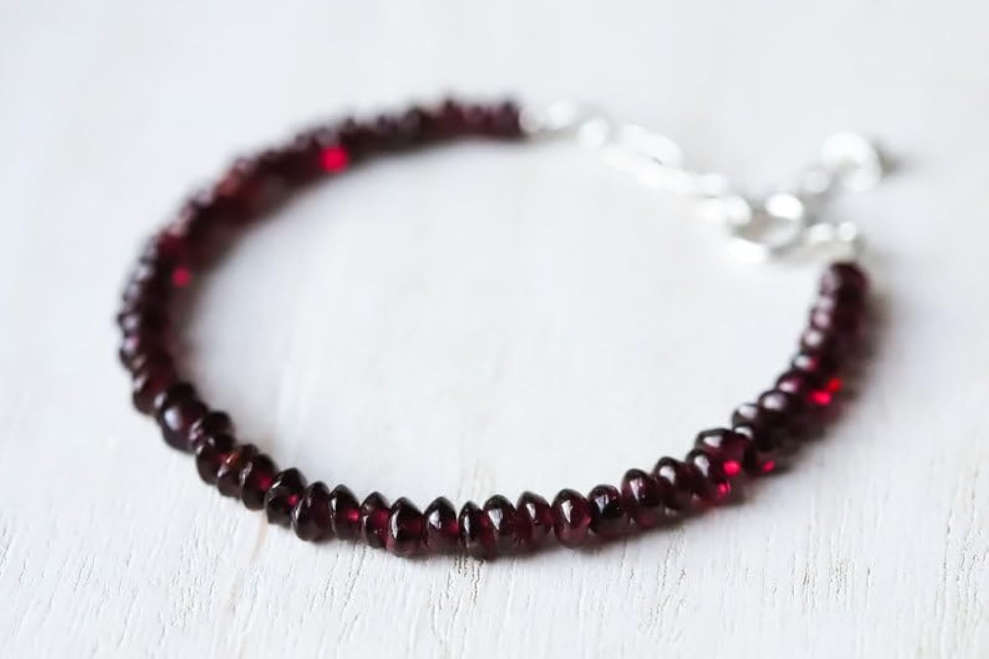 Garnet Button Beaded Bracelet with Silver Lock, Adjustable