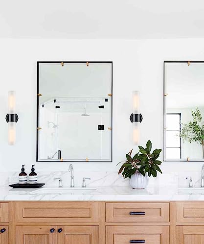 Image of DAYCENT Modern Black Bathroom Vanity Lights Farmhouse 2-Light Frosted Glass Wall Sconce Matte Black Cylinder Sconces Wall Lighting for Bedroom Hallway Living Room, 20 inch H