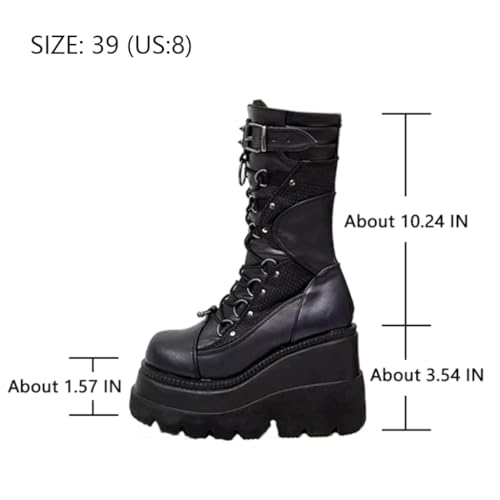 Womens Gothic Punk Platform Boots Chunky Wedge Heel Combat Boots Lace-Up and Zipper Round Toe Mid Calf Motorcycle Boot4