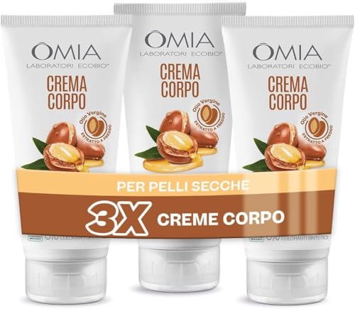 Omia, Crema Corpo Eco Bio con Olio di Argan del Marocco, Per Pelli Secche, Nutriente e Vellutante, Azione Elasticizzante, Non Unge, Senza Siliconi, Dermatologicamente Testata - 3 Flaconi da 200 ml