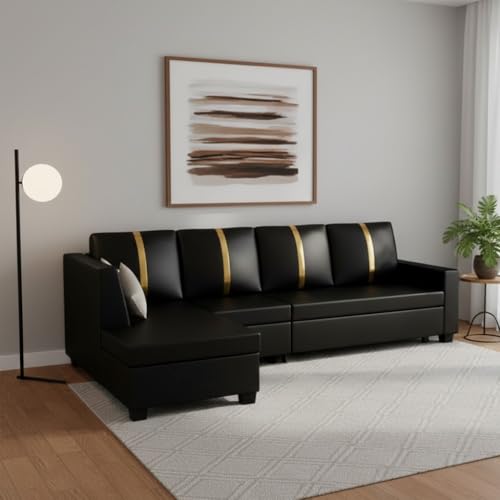Image of FURNY Nathanoy 5 Seater Leatherette LHS L Shape Sofa Set (Black) Premium Finish | Ideal for Living Rooms
