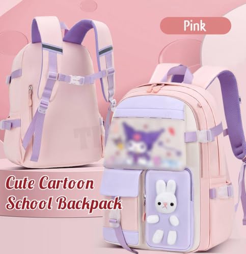 Image of Cute Pastel Contrasting Color Anime Cartoon School Backpack for Girls, Kawaii Large Capacity Bunny Bag, Lightweight Casual Travel Daypack Multi-Compartment Bookbag for Elementary School Kids
