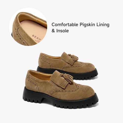 Image of BEAU TODAY Chunky Loafers for Women, Women's Leather Platform Loafers, Lug Sole Tassel Slip On Loafers Shoes Brogues Wingtip Casual Business Shoes Comfortable Dressy
