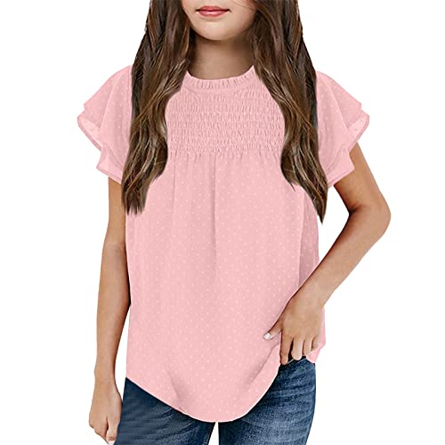 Girls' Summer Tops Basic Short Sleeve V-Neck Casual Shirts Blouses Tops Girls' Boho Tops Pink #TOP1