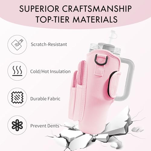 Image of Water Bottle Carrier Bag with Phone Pocket for Stanley Cup 40 /30 oz, Water Bottle Holder with Adjustable Strap& Straw Cover, Stanley Cup Accessories (Pink)