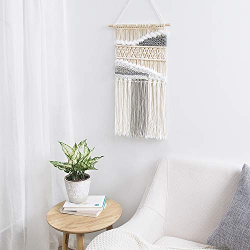 Mkono Macrame Wall Hanging Woven Boho Decor Gray Yarn Fringe Tassel Handmade Home Decoration For Bedroom Living Room Dorm Nursery Apartment, 12''W X 24.5''L #TOP2