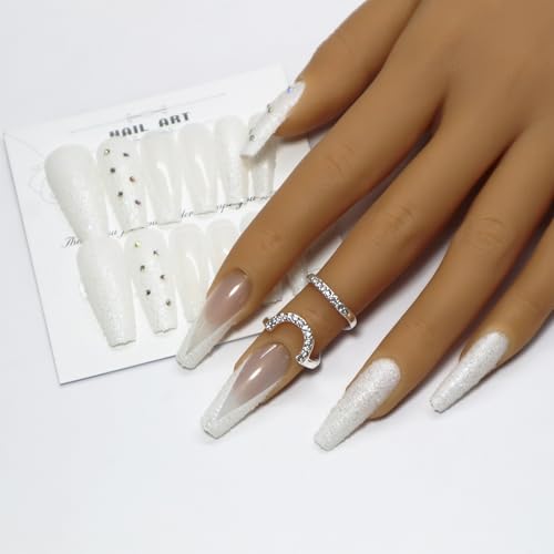 Unhas Postiças Decoradas com Strass, Formato Longo Amêndoa (Branco, 1cx)