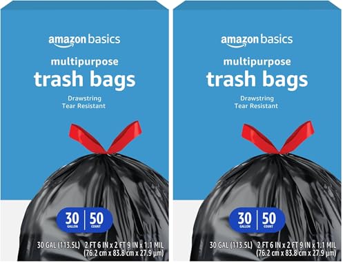 Image of Amazon Basics Trash Bags, 30 Gallon, 50 Count | Drawstring | Multipurpose | Pack of 2
