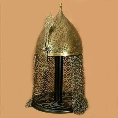 Medieval Indo-Persian Islamic Helmet 18ga Steel with Chain Mail | Engraved Steel Design, Chain Mail Included, Adult Unisex, Costume & Display Use, Museum Quality Build