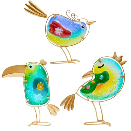 鳥の置物、鳥の置物室内装飾 | 鳥の置物カラフルな金属ガラスの鳥の彫刻 3 個セット | 春の屋外の庭の動物の置物、庭のアート像の装飾、パティオバルコニー用のサムネイル
