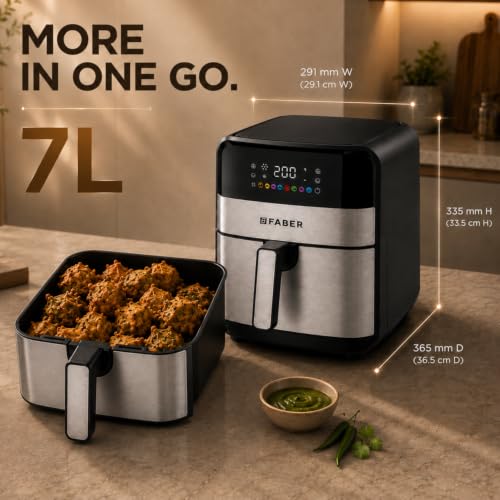 Image of Faber 7L 1600W Digital Air Fryer | Fry, Bake, Roast, Toast, Defrost, Grill & Reheat | 85% Less Oil, 360 Air Cooking | 8-Preset Menu, LED Display & Touch Control| Non-Stick Pan | FAF EVA 7.0L BK