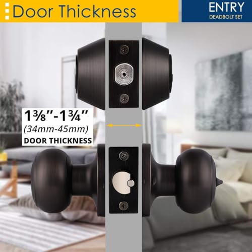 Brotima 4 Pack Keyed Alike Door Knob with Double Cylinder Deadbolt Lock Set, Oil Rubbed Bronze Door Lock Sets Exterior, Round Style Door Knob Deadbolt Combination Set by Brotima - Used condition - US$66.84
