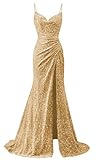Spaghetti Strap Cowl Neck Sequin Velvet Prom Dresses avec fente plissée sirène robe de soirée formelle, doré, 40