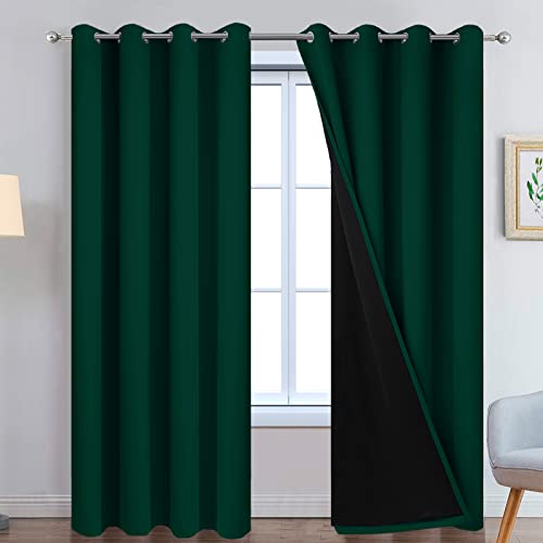 Image of Yakamok 100% Blackout Curtain for Bedroom,Thermal Insulated Drapes with Black Liner Full Room Darkening Energy Efficiency Window Curtains for Living Room(52Wx84L,Dark Green, 2 Panels)