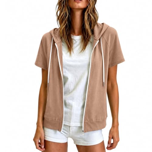 Women Full Zip Up Hoodie Sweatshirt Short Sleeve Drawstring Lightweight