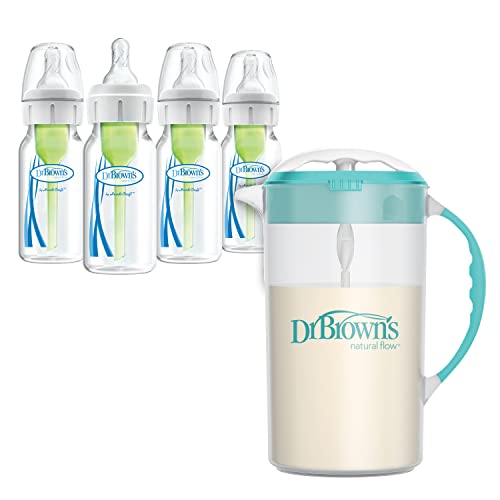 Image of Dr. Brown's Baby Formula Mixing Pitcher 32oz, Teal with Anti-Colic Options+ Narrow Baby Bottles, 4 Pack, 4 oz