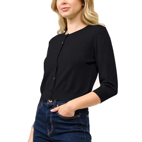Image of Women's Cropped Cardigan 3 /4 Sleeve Crewneck Button Up Sweater Knit Top (S~XL)
