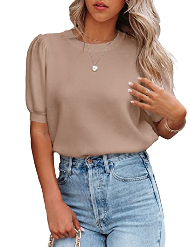 Image of Womens Puff Short Sleeve Sweater Tops Crewneck Basic Knit Pullover Lightweight Casual Sweaters