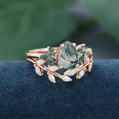 10K 14K 18K Rose Gold 2CT Natural Moss Agate Engagement Ring Set for Women 925 Sterling Silver Genuine Pear Green Moss Agate Leaf Art Deco Bridal Wedding Ring Set (Size 4-15)-43