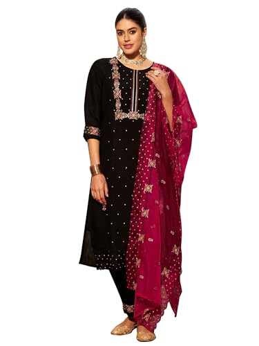 Image of INDO ERA Women's Cotton Blend Embroidered Straight Kurta & Pant with Dupatta Set