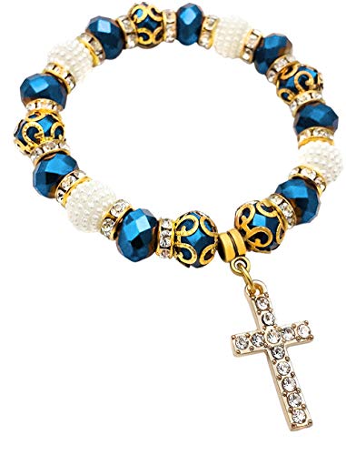 Alternative view of Nazareth Store Catholic Crystallized Cross Deep Blue Crystal Beads Wrist Rosary Bracelet Adjustable Elastic Bangle
