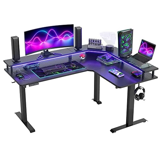 FEZIBO 63" Triple Motor L Shaped Standing Desk with LED Strip & Power Outlets, Height Adjustable Stand up Corner Gaming Desk with Ergonomic Monitor Stand, Black Carbon Fiber Top/Black Frame