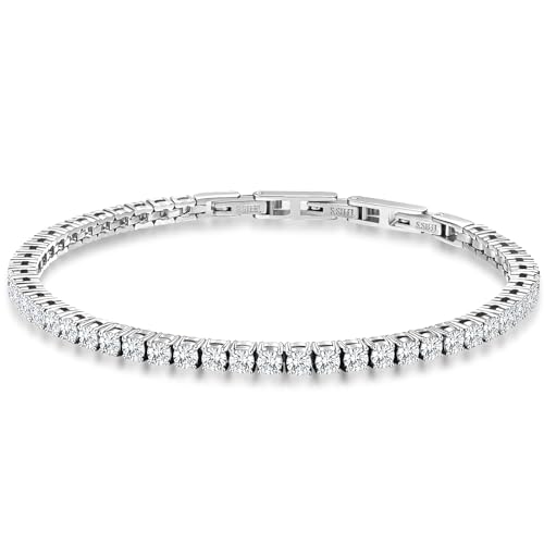 Tennis Bracelet for Women Men, 14K Gold Plated Round 3mm AAAA+ Cubic Zirconia CZ Dainty Classic Adjustable Stainless Steel Bracelets Festival Wedding Jewelry Gift (Steel, CZ 3mm)